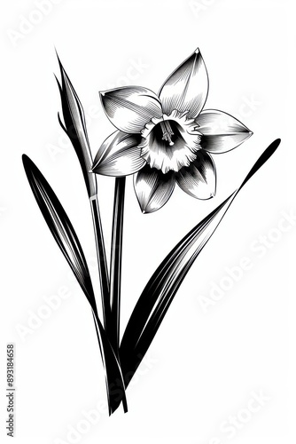 Black and white flat vector art of a daffodil bloom, svg style, isolated on white background, simple vector art design 