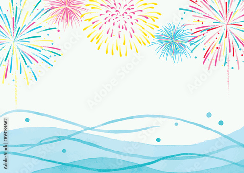 花火と波　水彩背景イラスト