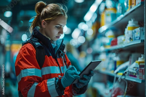 Emergency Care in Motion: A paramedic uses a tablet to access real-time patient information and communicate with hospital staff while en route to the scene. The dynamic layout 
