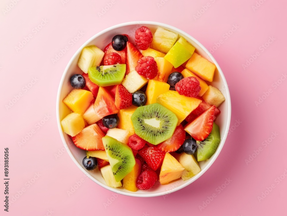 Pink Perfection: Vibrant Fruit Salad Bowl in Top View Pink Perfection: Vibrant Fruit Salad Bowl in Top View