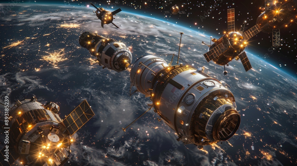 A Group of Space Shuttles Are Flying Over the Earth in Outer Space - Generative AI A Group of Space Shuttles Are Flying Over the Earth in Outer Space - Generative AI