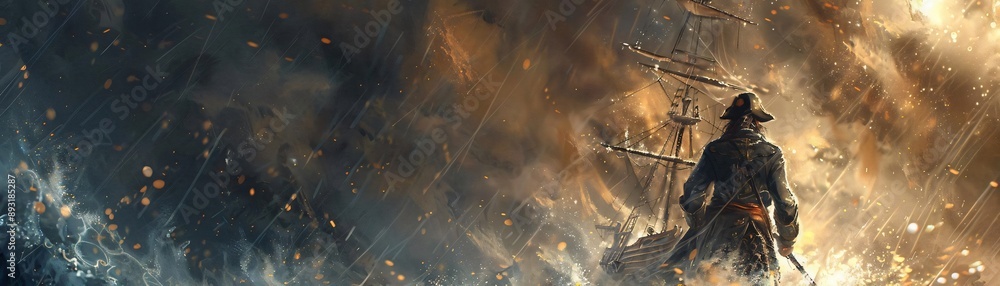 Fototapeta premium A dramatic scene of a lone figure standing against stormy seas and a sinking ship, evoking adventure and bravery.