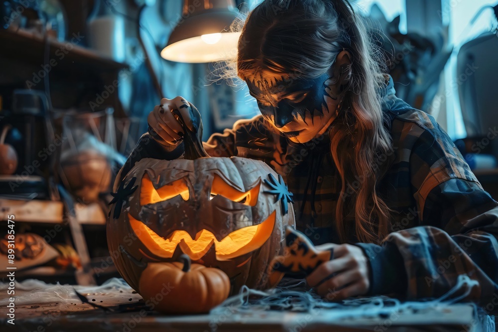 A child carves a spooky pumpkin in a cozy atmosphere, celebrating Halloween's creative spirit and festive joy. A child carves a spooky pumpkin in a cozy atmosphere, celebrating Halloween's creative spirit and festive joy.