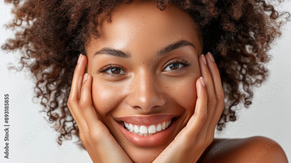 An African American woman smiling happily, with her hands resting on her face in a joyful expression An African American woman smiling happily, with her hands resting on her face in a joyful expression