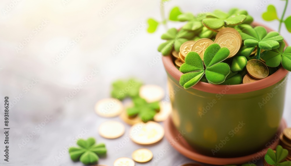 A pot filled with vibrant green shamrocks and gold coins, symbolizing luck and prosperity, ideal for St. Patrick's Day themes. A pot filled with vibrant green shamrocks and gold coins, symbolizing luck and prosperity, ideal for St. Patrick's Day themes.