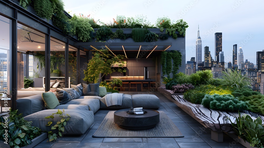 A large, modern apartment with a rooftop garden and a view of the city A large, modern apartment with a rooftop garden and a view of the city