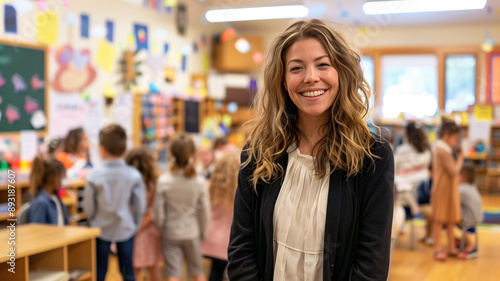 Cheerful Blonde Teacher in Vibrant Elementary Classroom