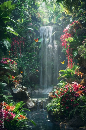 Serene Jungle Waterfall with Colorful Flowers