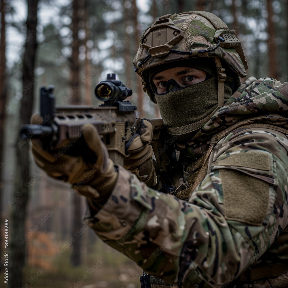 Obraz premium A military soldier in camouflage and a mask, wearing gloves and a helmet is aiming his gun at the camera, with a background of a forest. The photo was taken from behind him, with a Canon EOS R5 at F2