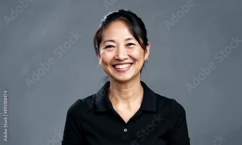 Smiling asian woman in black polo shirt on grey background