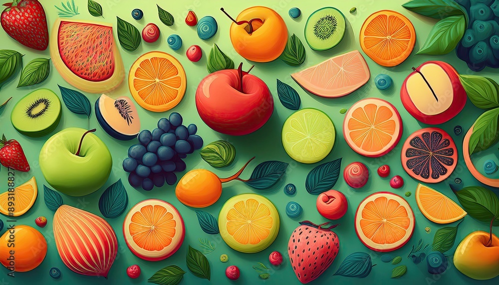 Fruit pattern, seamless fruit pattern, There is a light green background with various fruit designs on the background, colorful fruits pattern background Fruit pattern, seamless fruit pattern, There is a light green background with various fruit designs on the background, colorful fruits pattern background