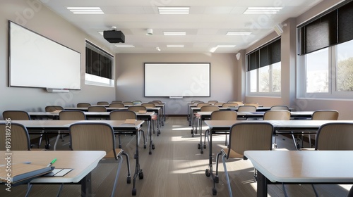 Classroom with modern desks, ergonomic chairs, and a whiteboard at the front