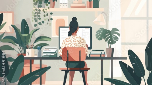 Woman working at home office surrounded by plants