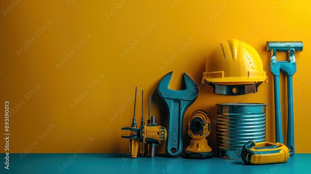 Construction Tools and Yellow Helmet for Happy Labor Day Concept Construction Tools and Yellow Helmet for Happy Labor Day Concept