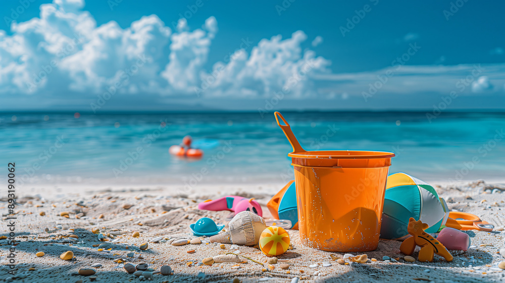 Colorful beach toys resting on sandy beach with people swimming in the turquoise sea Colorful beach toys resting on sandy beach with people swimming in the turquoise sea