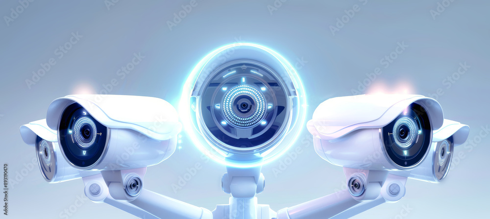 Three white CCTV cameras with glowing holographic lenses in the middle are positioned on a light gray background with a subtle color gradient Three white CCTV cameras with glowing holographic lenses in the middle are positioned on a light gray background with a subtle color gradient