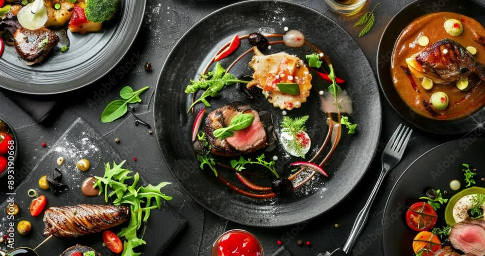 Capture the elegance and artistry of fine dining with a top view of gourmet dishes in a real, high-resolution image. Capture the elegance and artistry of fine dining with a top view of gourmet dishes in a real, high-resolution image.