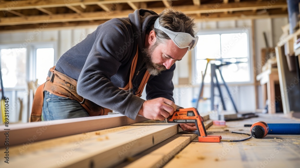 Skilled contractor measuring wood for trim work while renovating a home Skilled contractor measuring wood for trim work while renovating a home