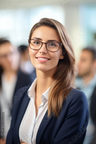 Cheerful woman at an office conference with colleagues in the background