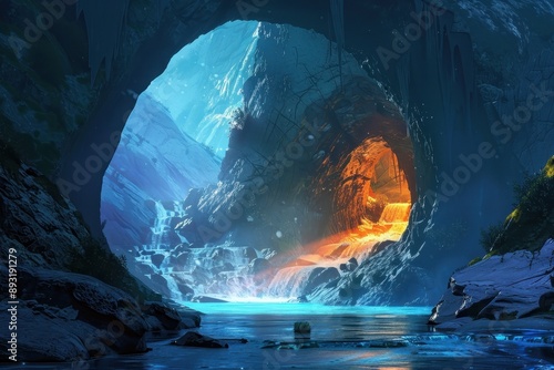 Glowing Cavern Entrance with River and Lava