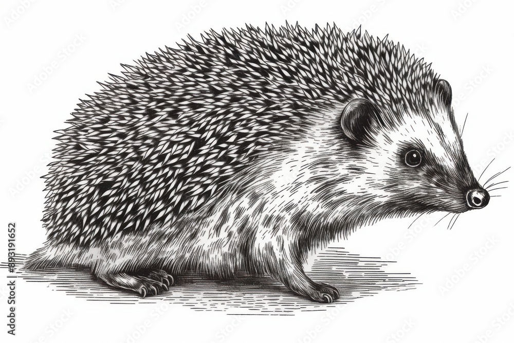 Obraz premium Black and white Vintage engraved art of a hedgehog isolated on white background, ink sketch illustration, simple vector art design, highly detailed line art, high contrasty 