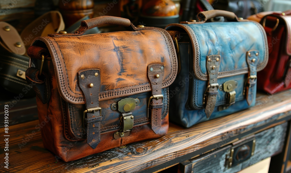 Rustic Leather Purses and Bags on Wooden Table in Vintage Workshop, Handmade Artisan Craftsmanship, Stylish Fashion Accessories, Multi-Colored Design, Unique Elegant Handbags Display Rustic Leather Purses and Bags on Wooden Table in Vintage Workshop, Handmade Artisan Craftsmanship, Stylish Fashion Accessories, Multi-Colored Design, Unique Elegant Handbags Display