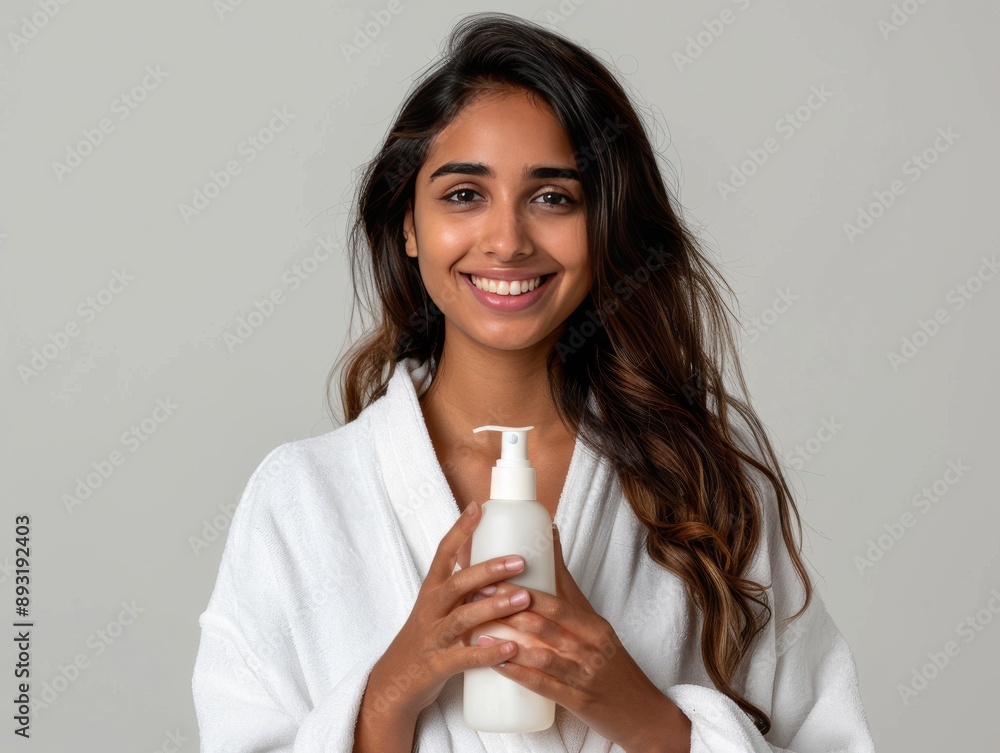 Indian Model in Bathrobe with Loose Hair: Showcasing Conditioner Bottle in Product Mockup Advertisement generative ai Indian Model in Bathrobe with Loose Hair: Showcasing Conditioner Bottle in Product Mockup Advertisement generative ai