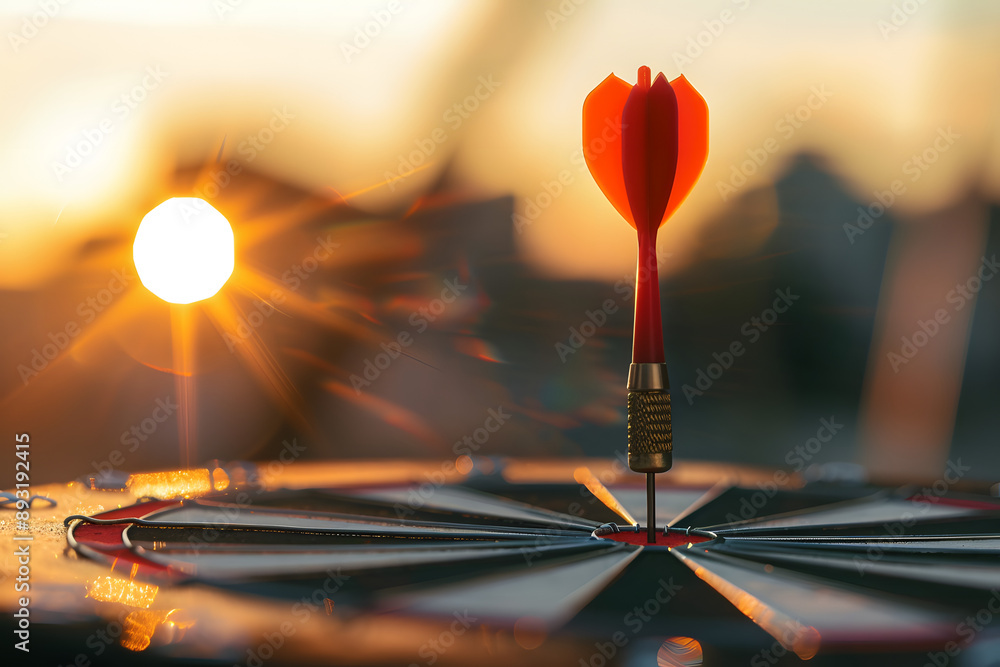 Close up red dart arrow hitting target center dartboard on sunset background. Business targeting and focus concept Close up red dart arrow hitting target center dartboard on sunset background. Business targeting and focus concept