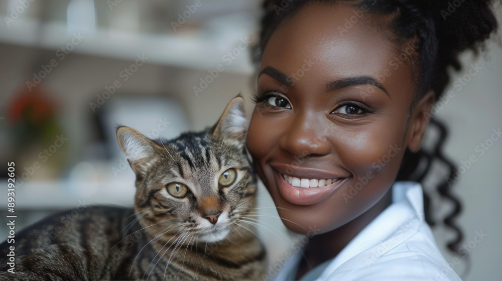 Female Veterinarian Holding Black Cat in Scrubs on White Background