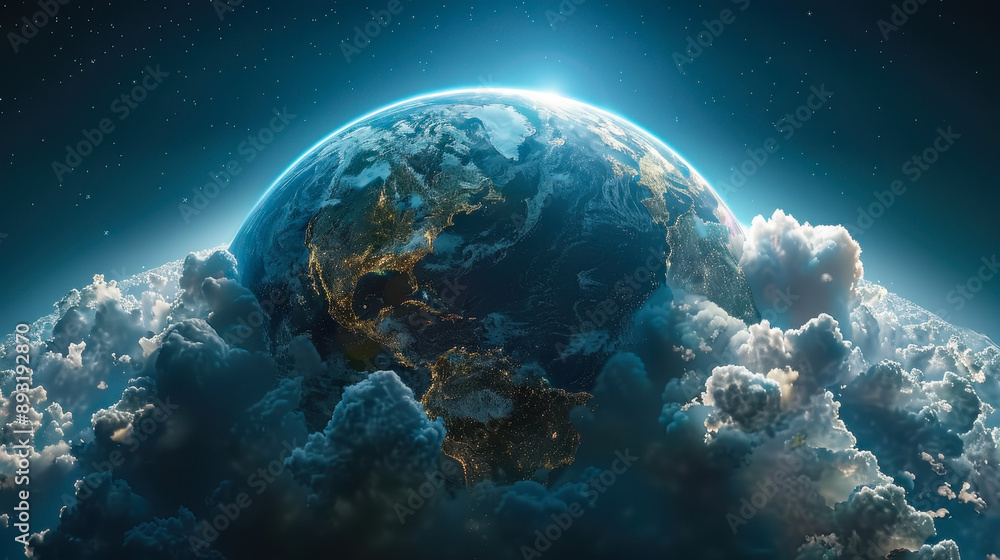 Fototapeta premium Cloud Earth Emerging from Space Amidst Starry Sky - Nighttime Cosmic Theme Highlighting Planet Surrounded by Clouds and Stars