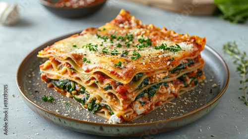 A piece of spinach lasagna on a plate with garnished herbs.