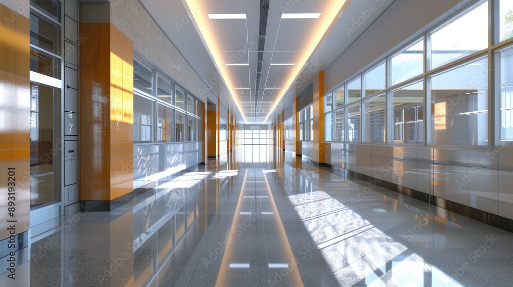 Clean and empty school hallway featuring sleek, modern design elements Clean and empty school hallway featuring sleek, modern design elements