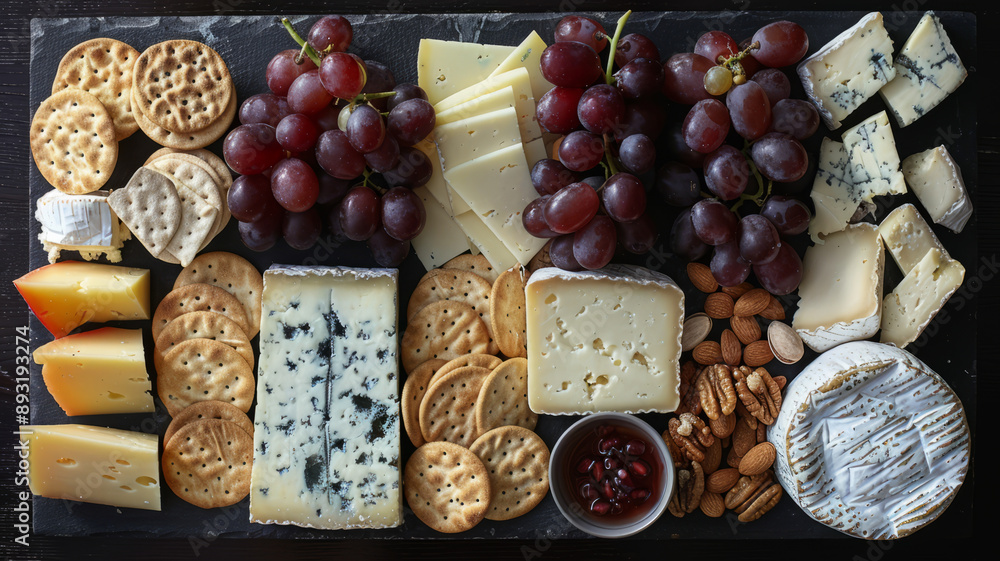 An assorted cheese platter with grapes, crackers, nuts, and jam. An assorted cheese platter with grapes, crackers, nuts, and jam.