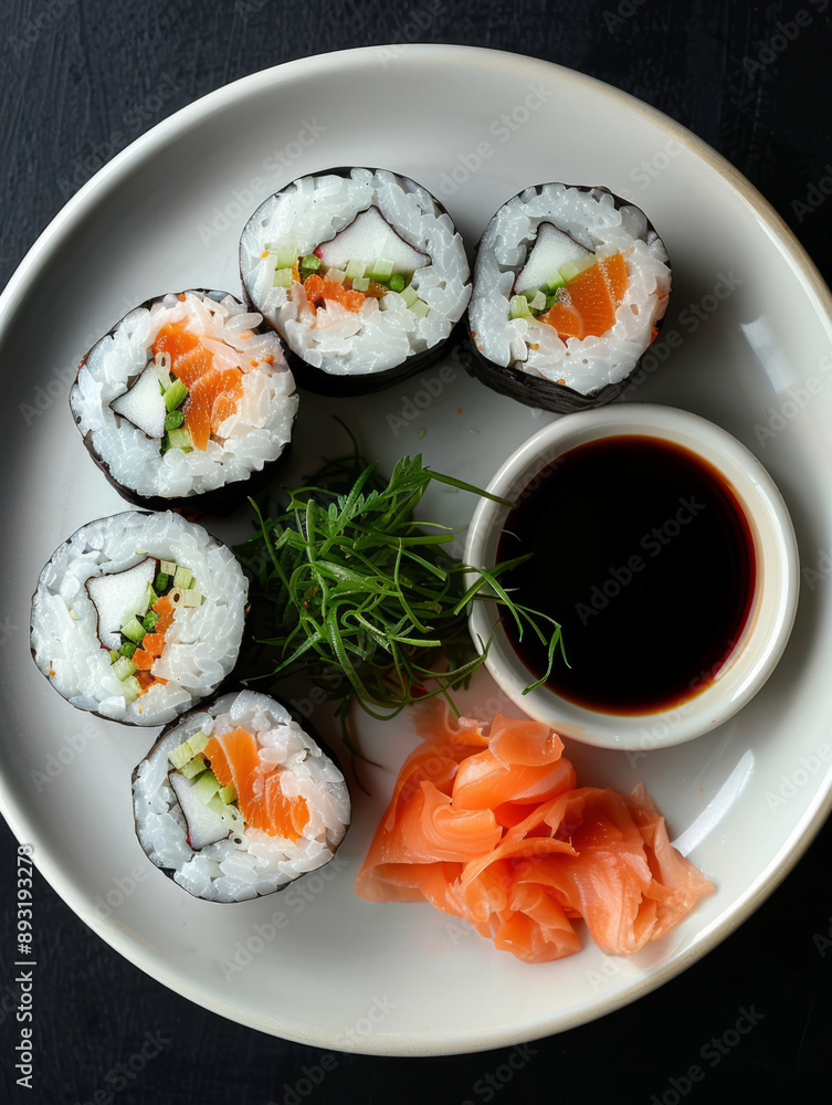 Plate of sushi rolls with soy sauce and garnish