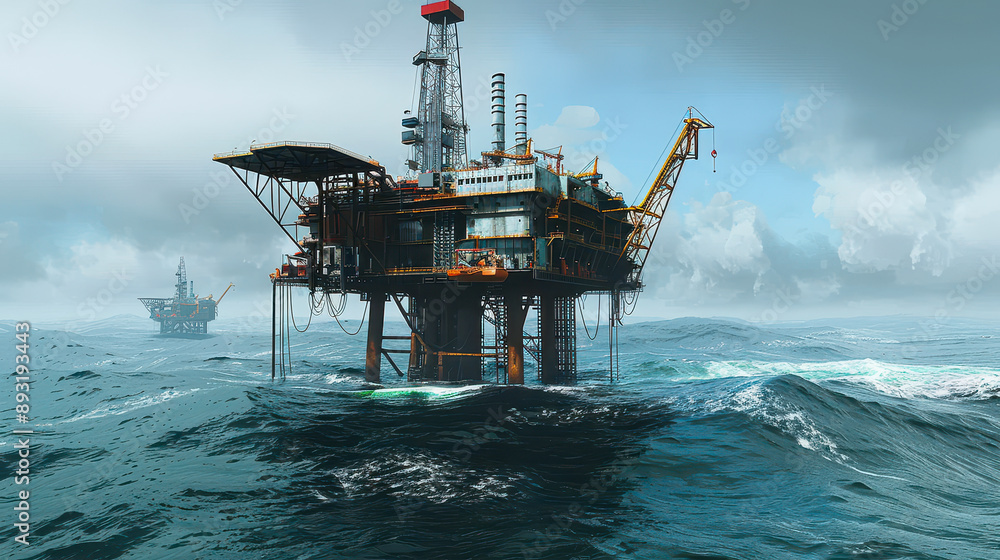 Offshore Oil Rig Drilling Platform in Rough Sea Conditions During Daytime for Energy and Petroleum Extraction Offshore Oil Rig Drilling Platform in Rough Sea Conditions During Daytime for Energy and Petroleum Extraction