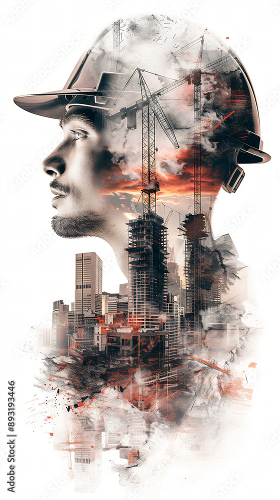 Construction engineer wearing a hard hat with a city skyline double exposure Construction engineer wearing a hard hat with a city skyline double exposure