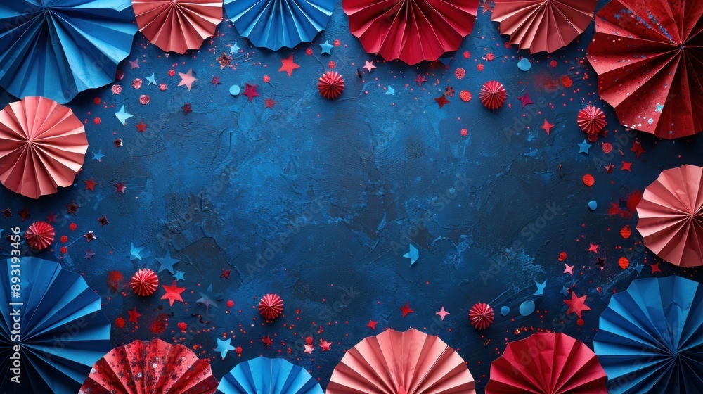 Obraz premium USA Patriotic Celebration: Red, White & Blue Paper Fans, Stars & Confetti on Top View Banner for 4th of July, Presidents Day, Independence Day, Memorial Day & US Election Concept