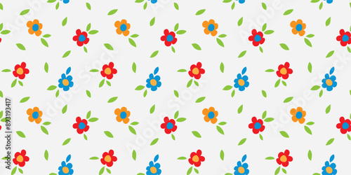 Colorful flower seamless pattern illustration. Children style floral doodle background, funny basic nature shapes wallpaper.