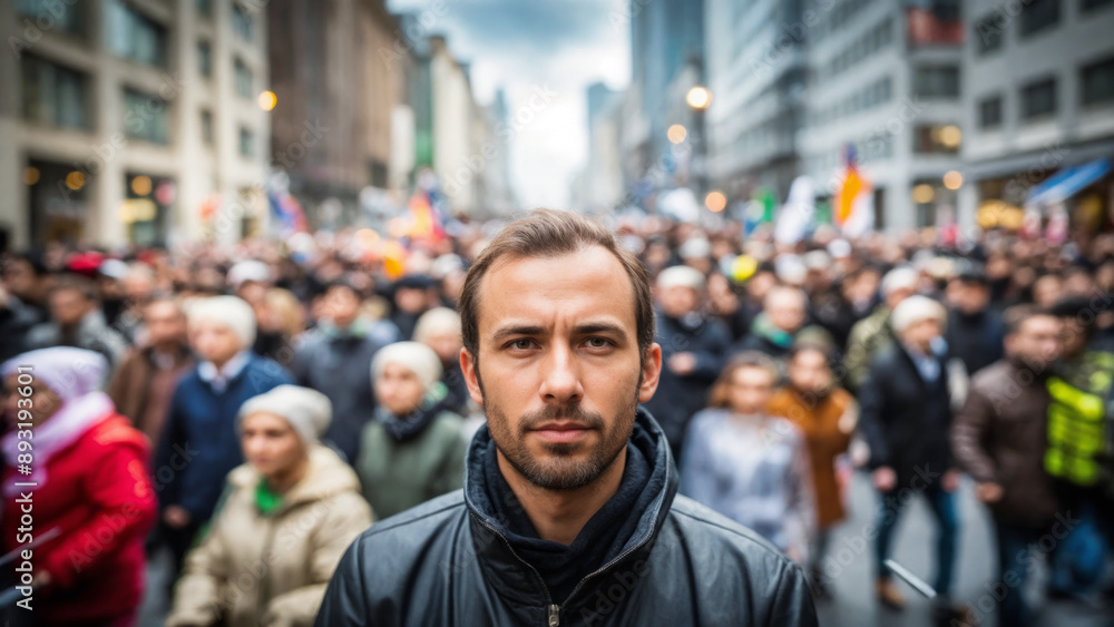 A man at a public protest among a crowd on a busy city street A man at a public protest among a crowd on a busy city street