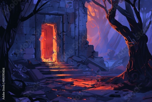 Mysterious temple entrance in a dark forest with glowing orange light