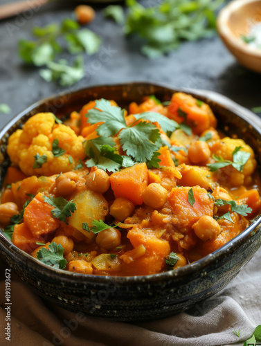 A bowl of vegetable curry with chickpeas and fresh cilantro.