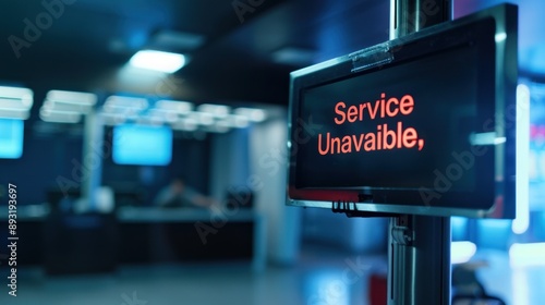 Portrait conceptual photography of service disruption due to cyber attack, customers unable to access website or application, screen displaying 