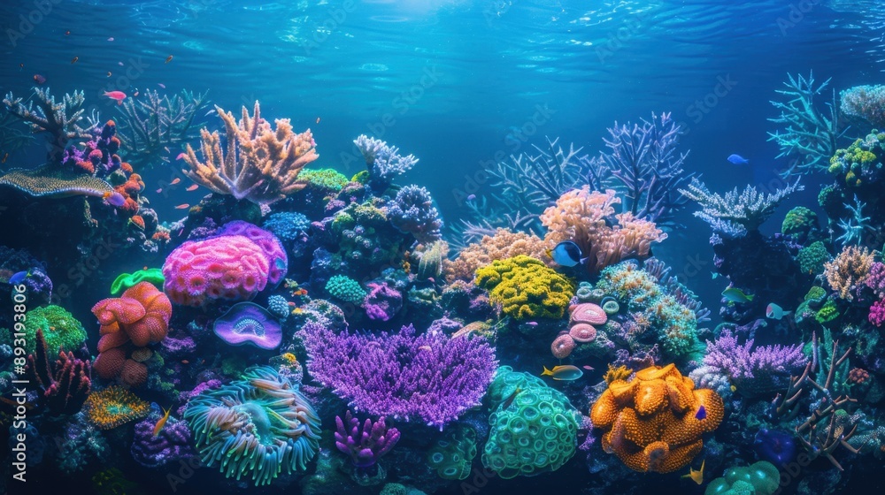Fototapeta premium Colorful tropical coral reef with abundance of fish swimming in sunlight