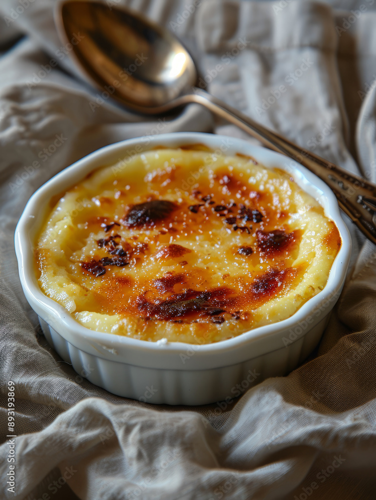 Crème brûlée with caramelized top in a white ramekin Crème brûlée with caramelized top in a white ramekin