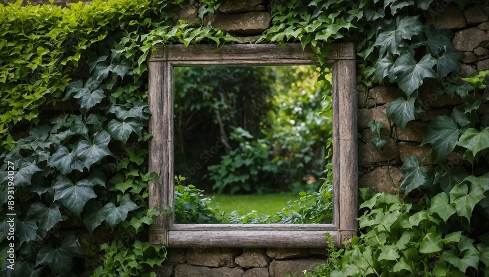 A rustic mirror with a weathered wooden frame