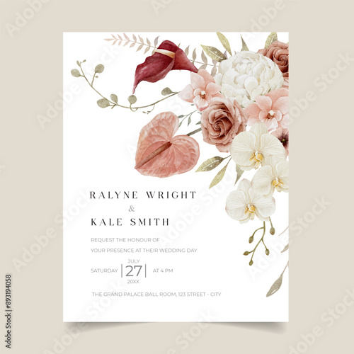 Rustic fall wedding flowers wedding invitation design, includes calla lilies, rose, anthurium and orchid adding a touch of sophistication