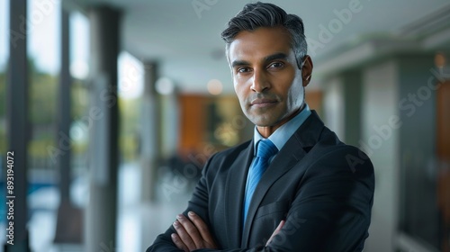 Elegant Indian Businessman, Age 50: Dark Navy Suit, Blue Tie, Arms Crossed generative ai © RamvijayB
