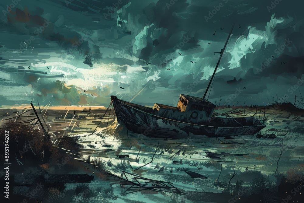 Derelict Fishing Boat Abandoned in Murky Swamp after Storm Derelict Fishing Boat Abandoned in Murky Swamp after Storm