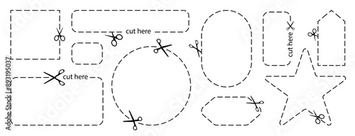 Cut here icon. Set of scissors cutting shape, paper cut here icon with dotted line for ticket, coupon, promo code.