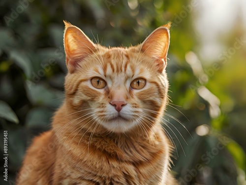 orange cat with blur background, orange cat is sitting and looking